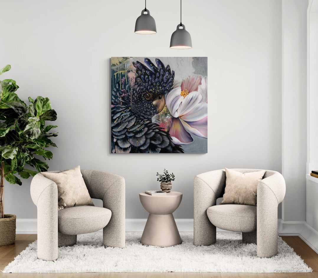 Black cockatoo painting on living room wall